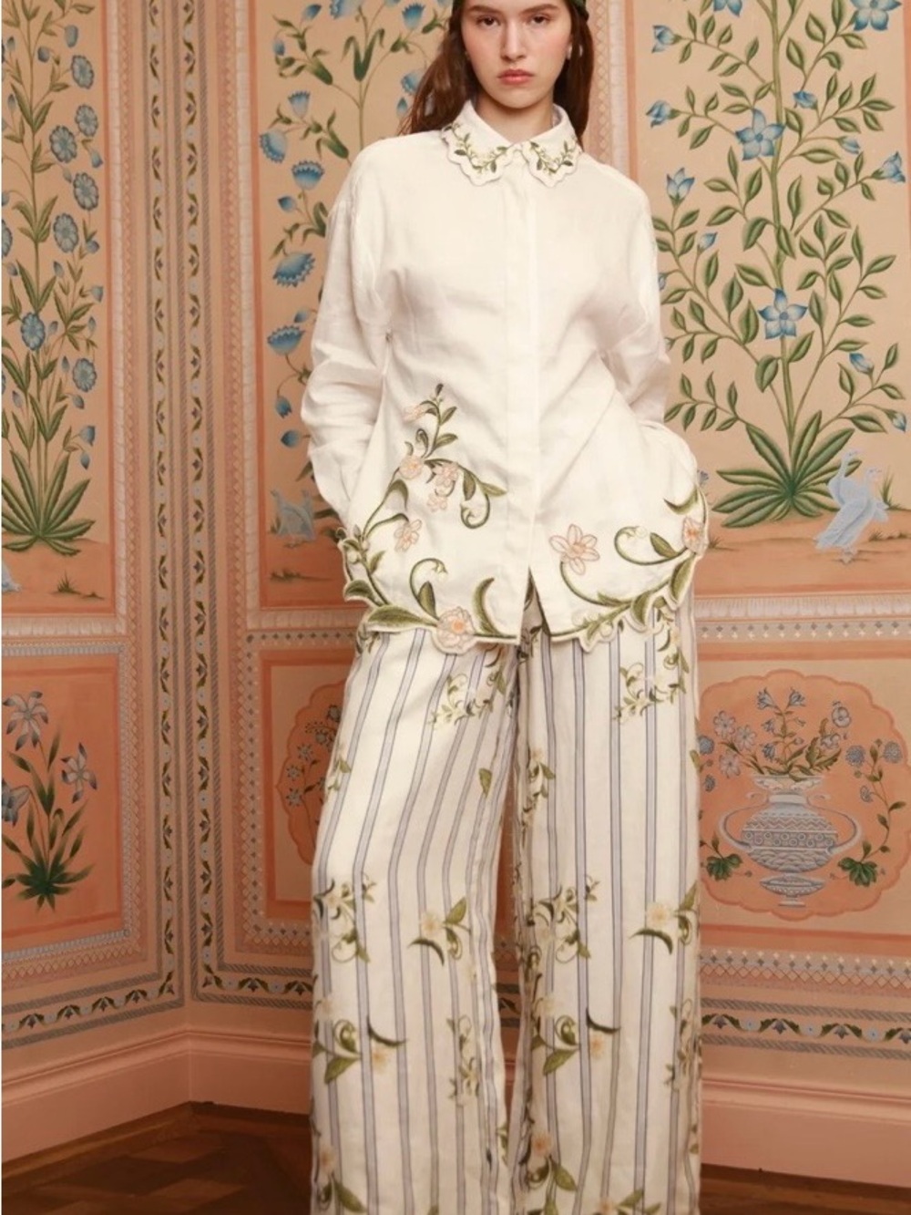 Agua by Agua Bendita Tota ValleWide-Leg Linen Pants with Green Floral Embroidery